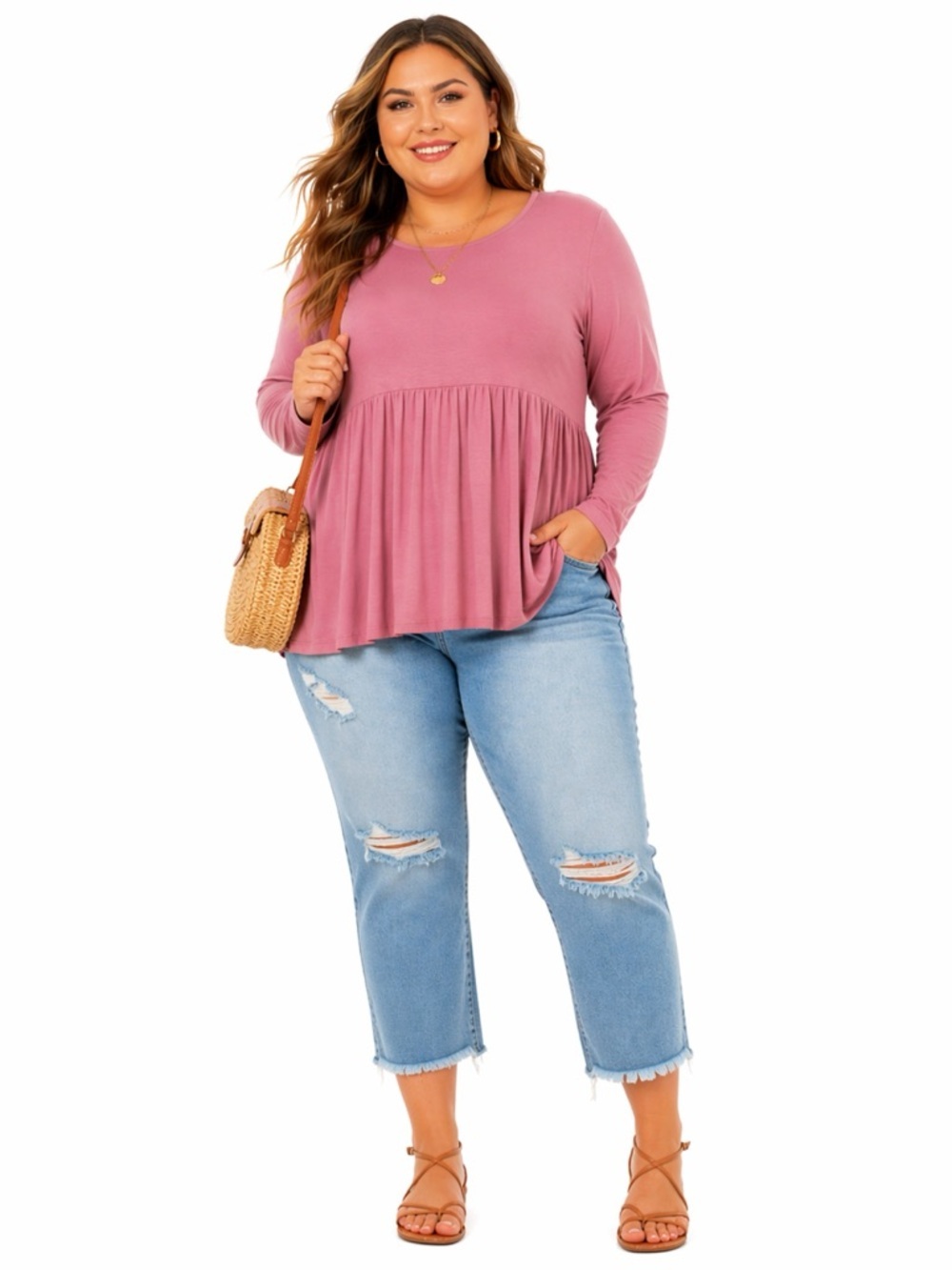 ZENANA DUSTY ROSE BABYDOLL TUNIC TOP